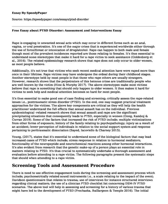 Free Essay about PTSD Disorder: Assessment and Interventions