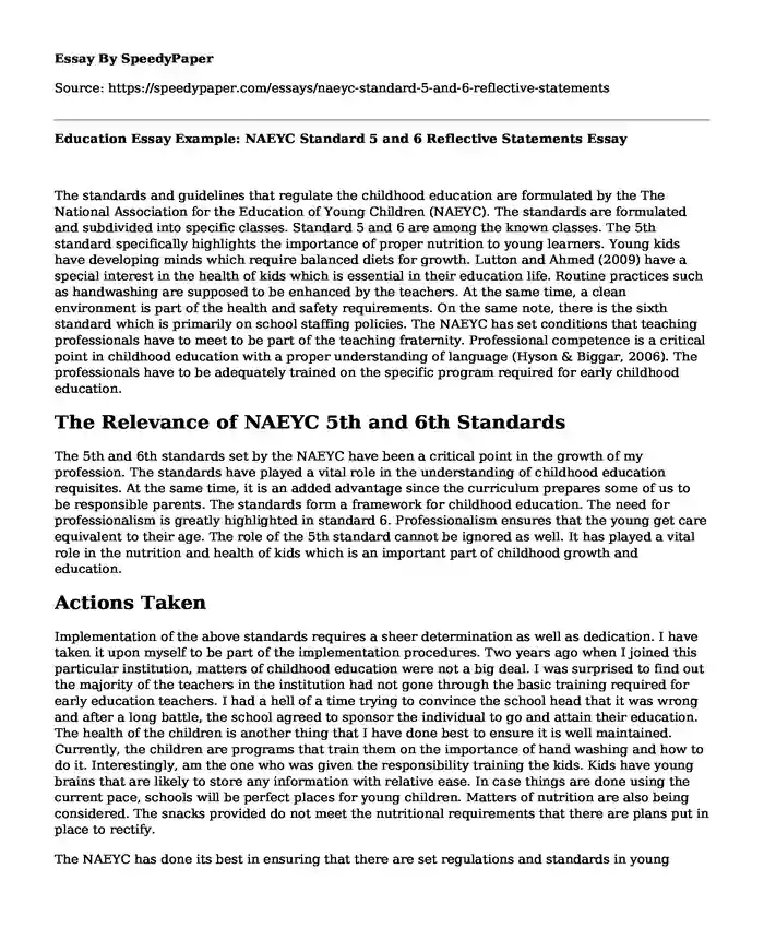 Education Essay Example: NAEYC Standard 5 and 6 Reflective Statements