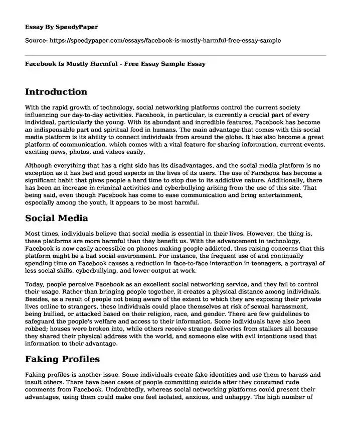 Facebook Is Mostly Harmful - Free Essay Sample