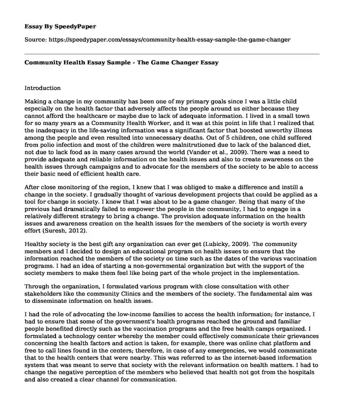 Community Health Essay Sample - The Game Changer