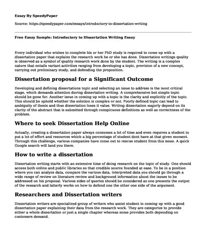Free Essay Sample: Introductory to Dissertation Writing