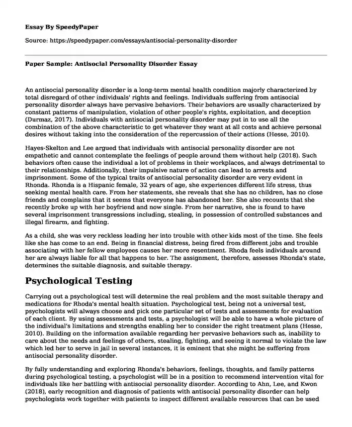 Paper Sample: Antisocial Personality Disorder