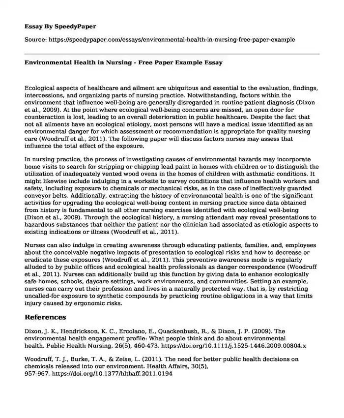 Environmental Health in Nursing - Free Paper Example