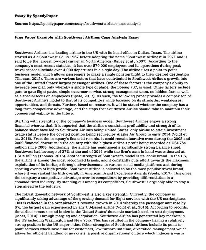 Free Paper Example with Southwest Airlines Case Analysis