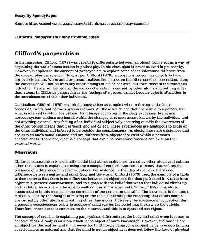 Clifford's Panpsychism Essay Example