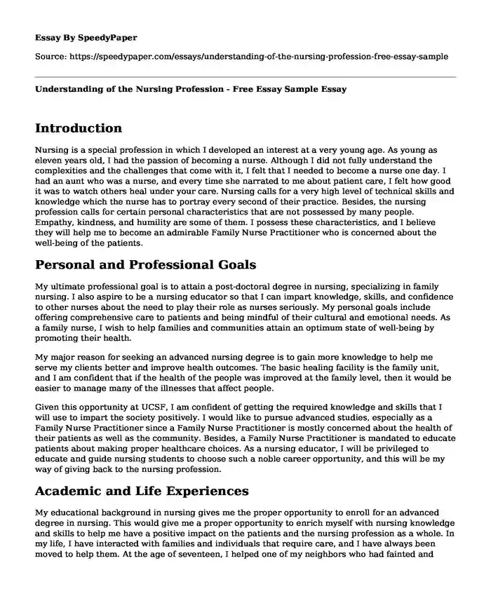 Understanding of the Nursing Profession - Free Essay Sample