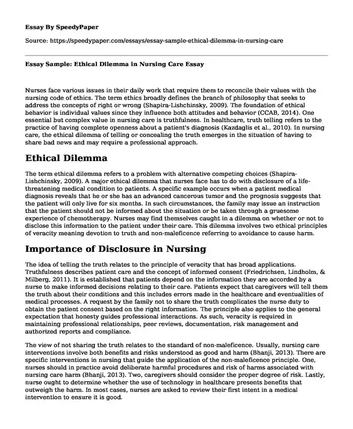 Essay Sample: Ethical Dilemma in Nursing Care