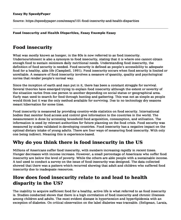 Food Insecurity and Health Disparities, Essay Example