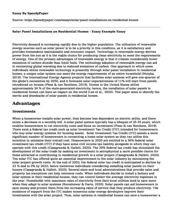 Solar Panel Installations on Residential Homes - Essay Example