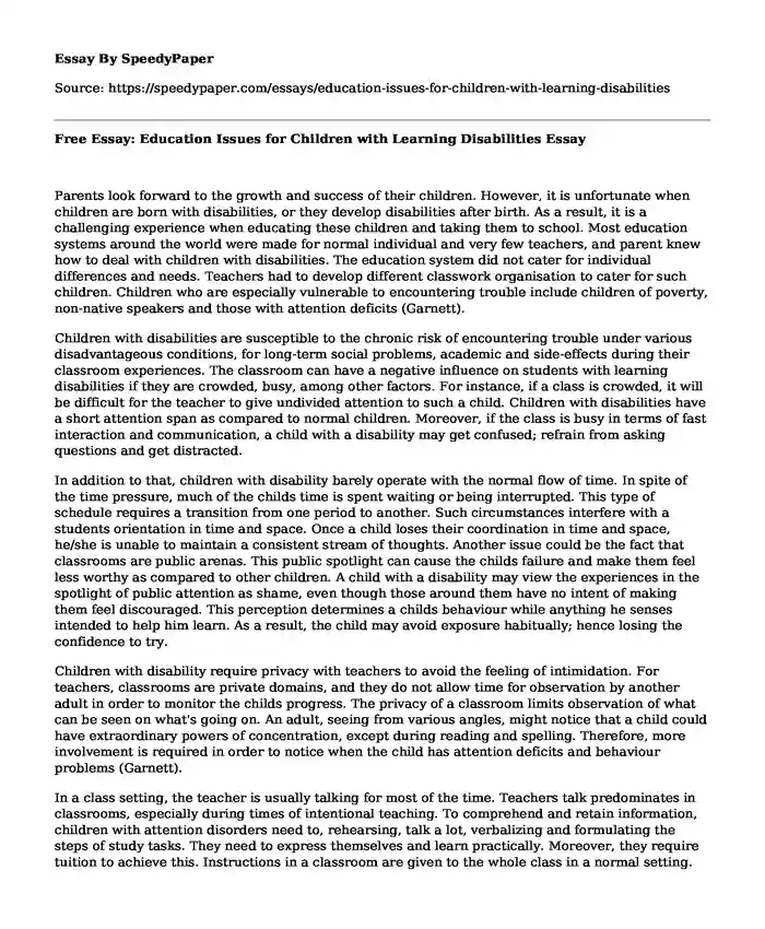 Free Essay: Education Issues for Children with Learning Disabilities