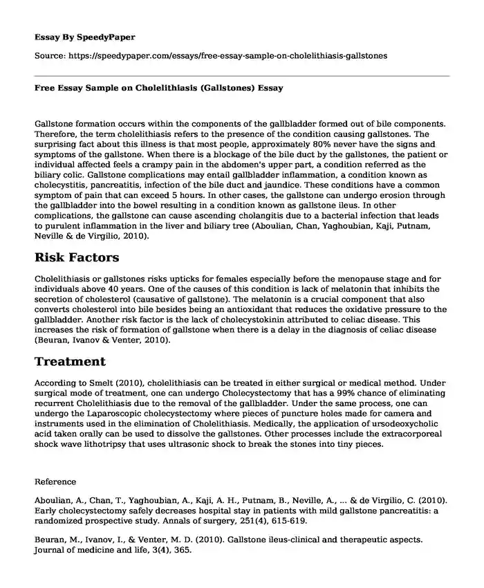 Free Essay Sample on Cholelithiasis (Gallstones)