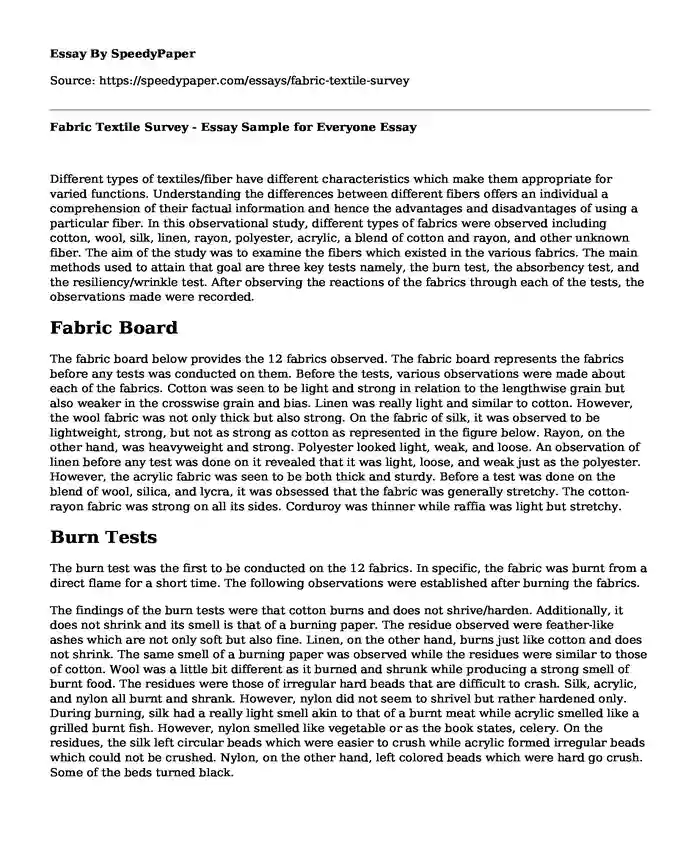 Fabric Textile Survey - Essay Sample for Everyone