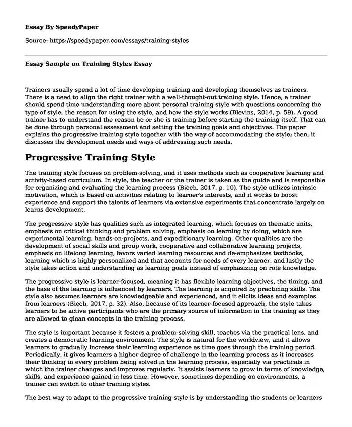 Essay Sample on Training Styles