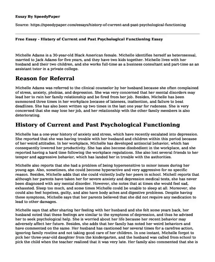 Free Essay - History of Current and Past Psychological Functioning