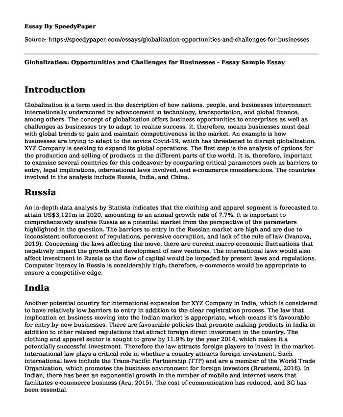 Globalization: Opportunities and Challenges for Businesses - Essay Sample