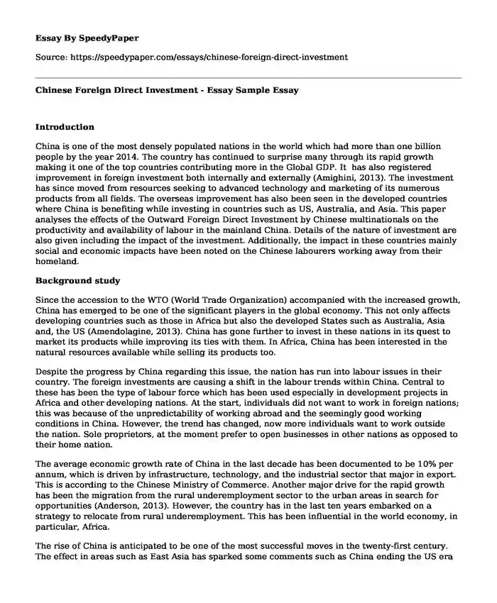 Chinese Foreign Direct Investment - Essay Sample