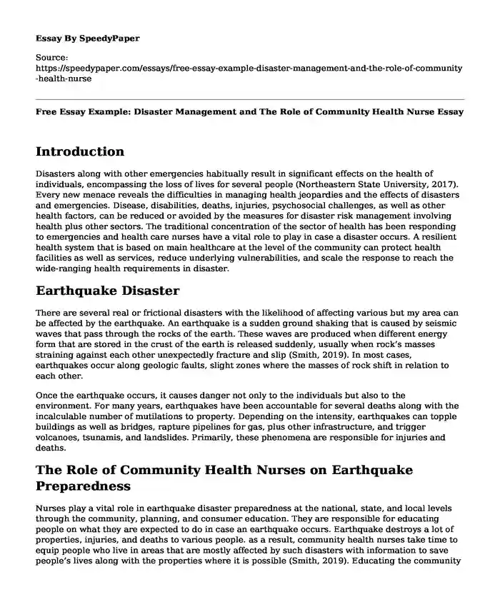 Free Essay Example: Disaster Management and The Role of Community Health Nurse