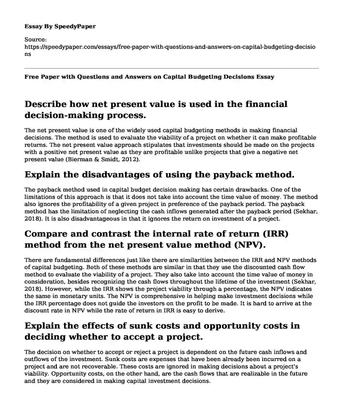 Free Paper with Questions and Answers on Capital Budgeting Decisions