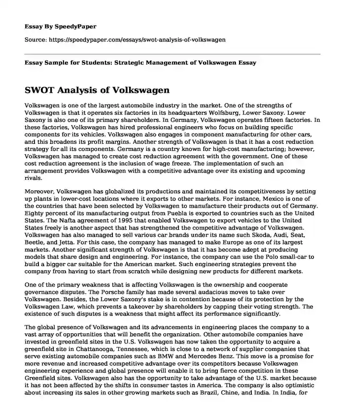 Essay Sample for Students: Strategic Management of Volkswagen