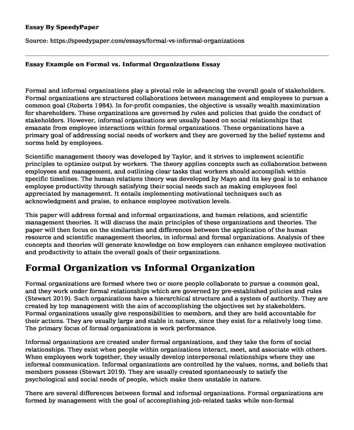 Essay Example on Formal vs. Informal Organizations