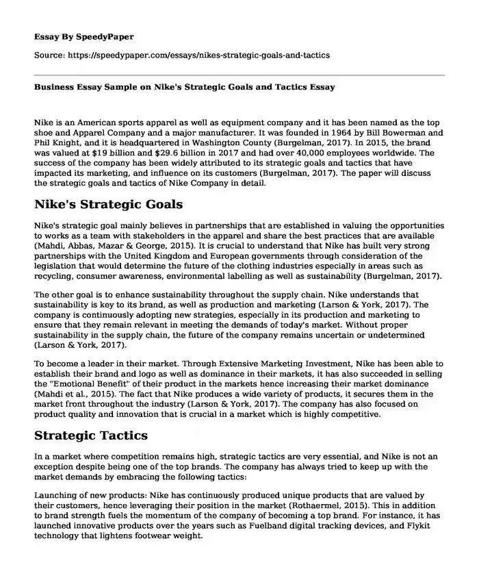 Business Essay Sample on Nike's Strategic Goals and Tactics
