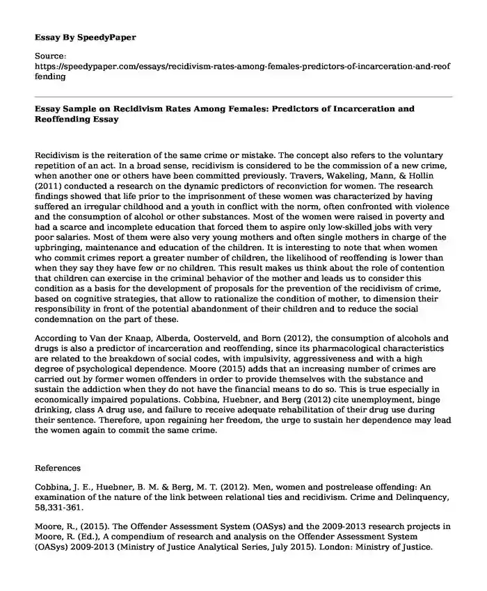 Essay Sample on Recidivism Rates Among Females: Predictors of Incarceration and Reoffending