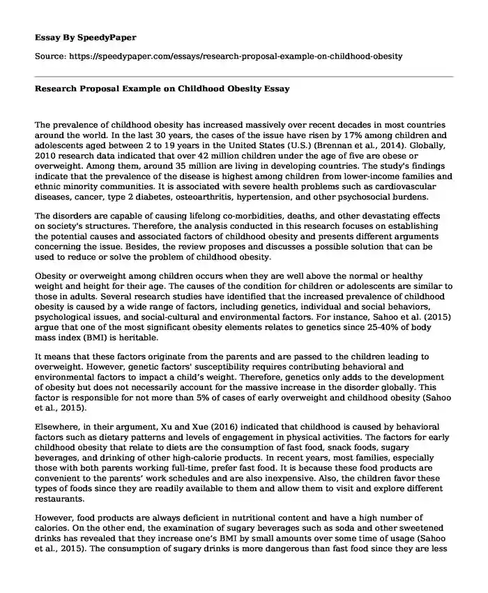 Research Proposal Example on Childhood Obesity