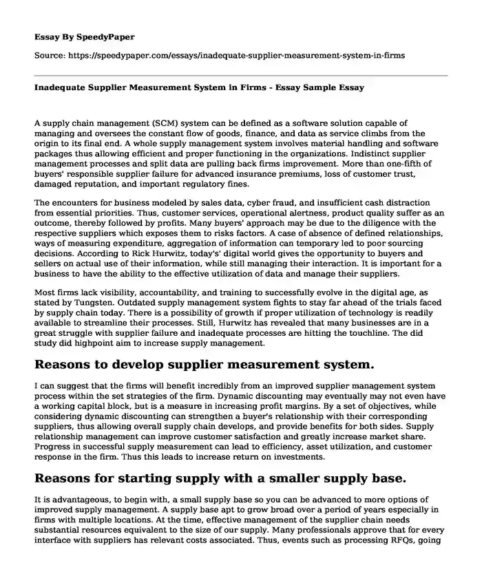 Inadequate Supplier Measurement System in Firms - Essay Sample