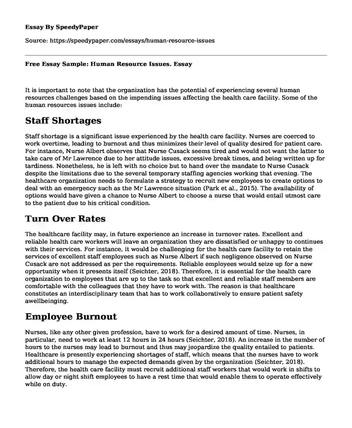 Free Essay Sample: Human Resource Issues.