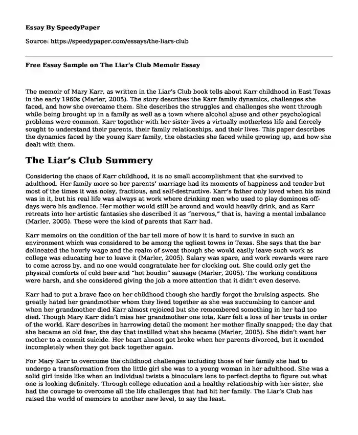 Free Essay Sample on The Liar's Club Memoir