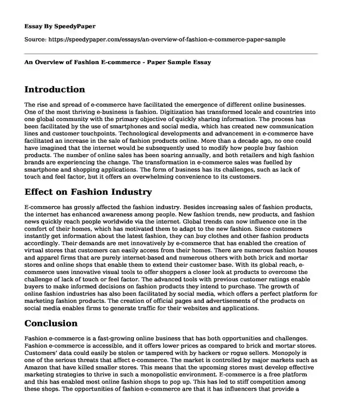 An Overview of Fashion E-commerce - Paper Sample