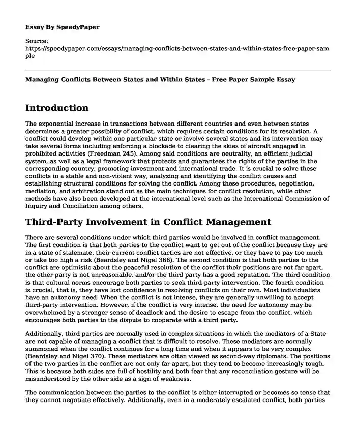 Managing Conflicts Between States and Within States - Free Paper Sample