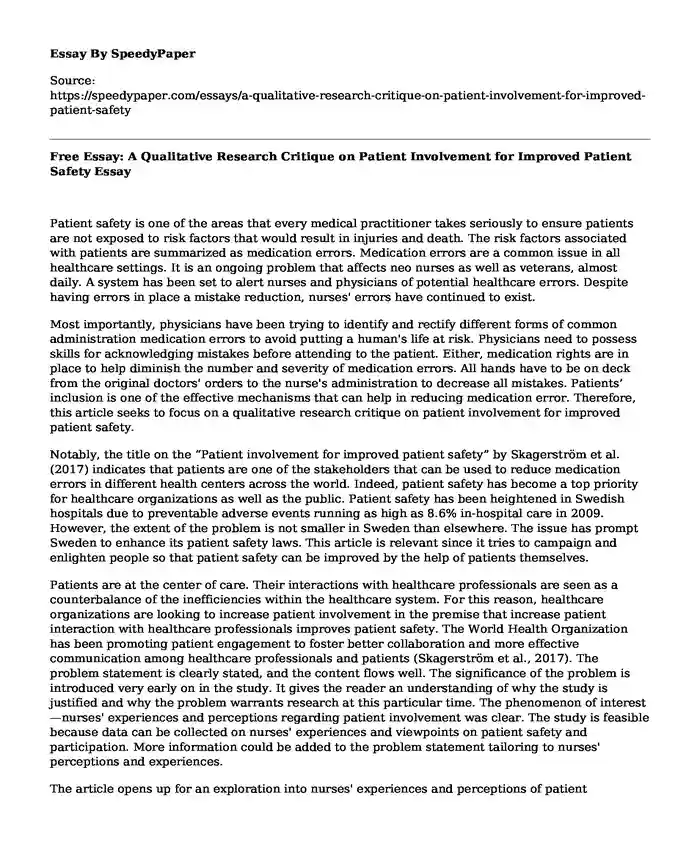 Free Essay: A Qualitative Research Critique on Patient Involvement for Improved Patient Safety
