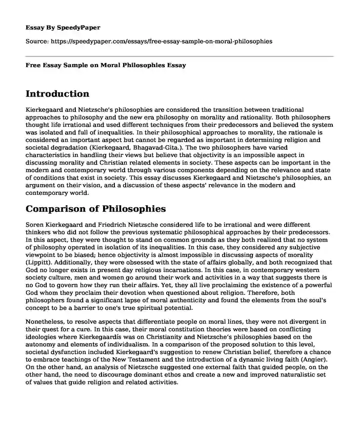 Free Essay Sample on Moral Philosophies