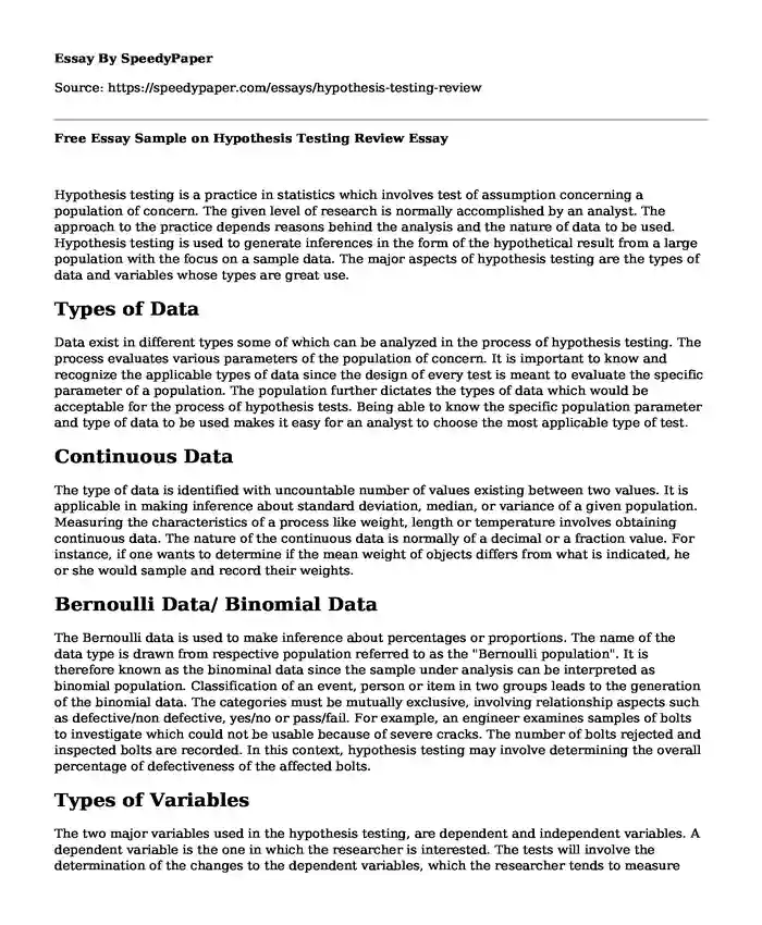 Free Essay Sample on Hypothesis Testing Review