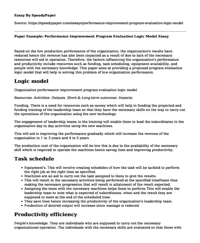 Paper Example: Performance Improvement Program Evaluation Logic Model