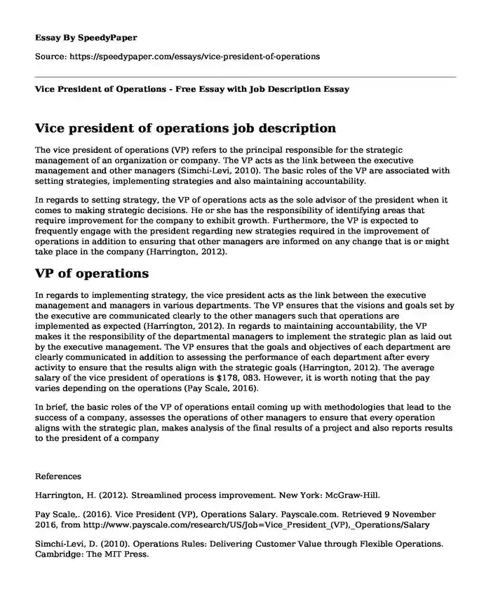 Vice President of Operations - Free Essay with Job Description