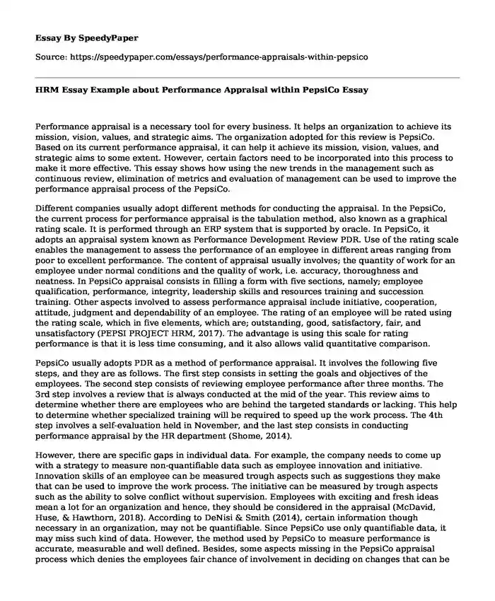 HRM Essay Example about Performance Appraisal within PepsiCo