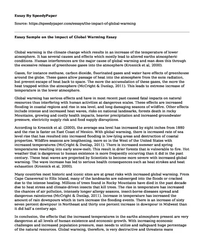 Essay Sample on the impact of Global Warming