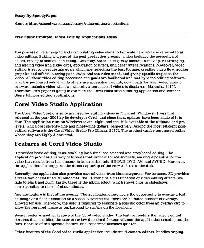 Free Essay Example. Video Editing Applications