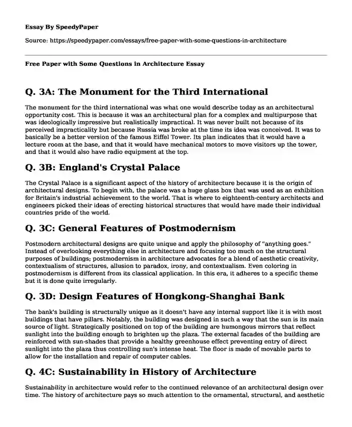 Free Paper with Some Questions in Architecture