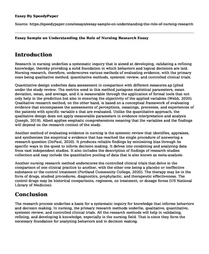 Essay Sample on Understanding the Role of Nursing Research