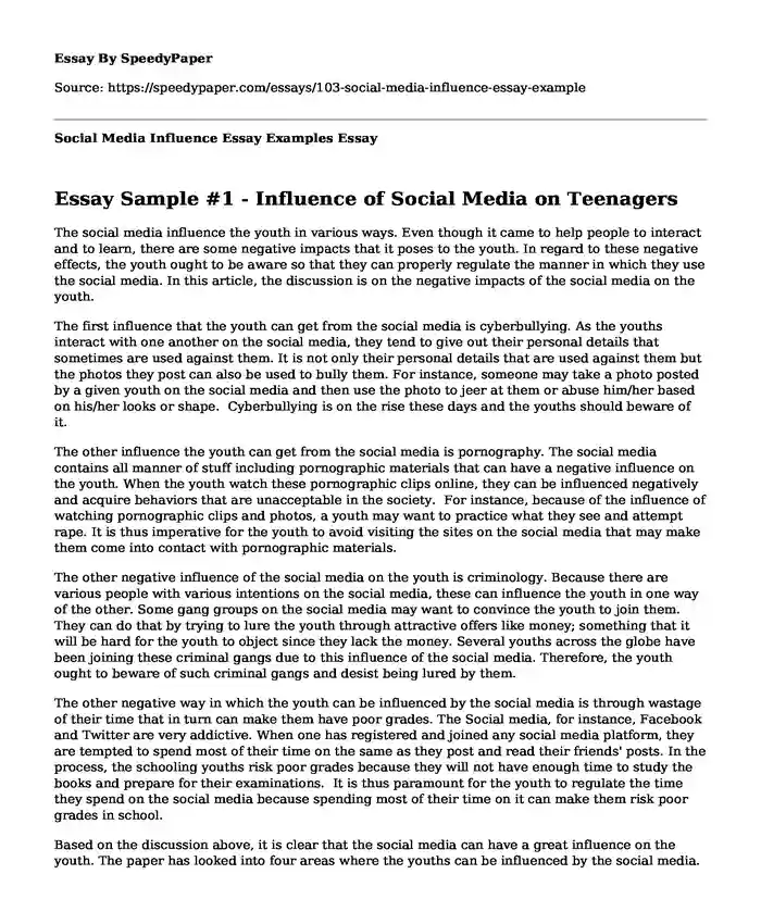 Social Media Influence Essay Examples