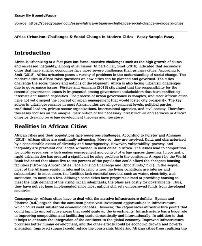 Africa Urbanism: Challenges & Social Change in Modern Cities - Essay Sample