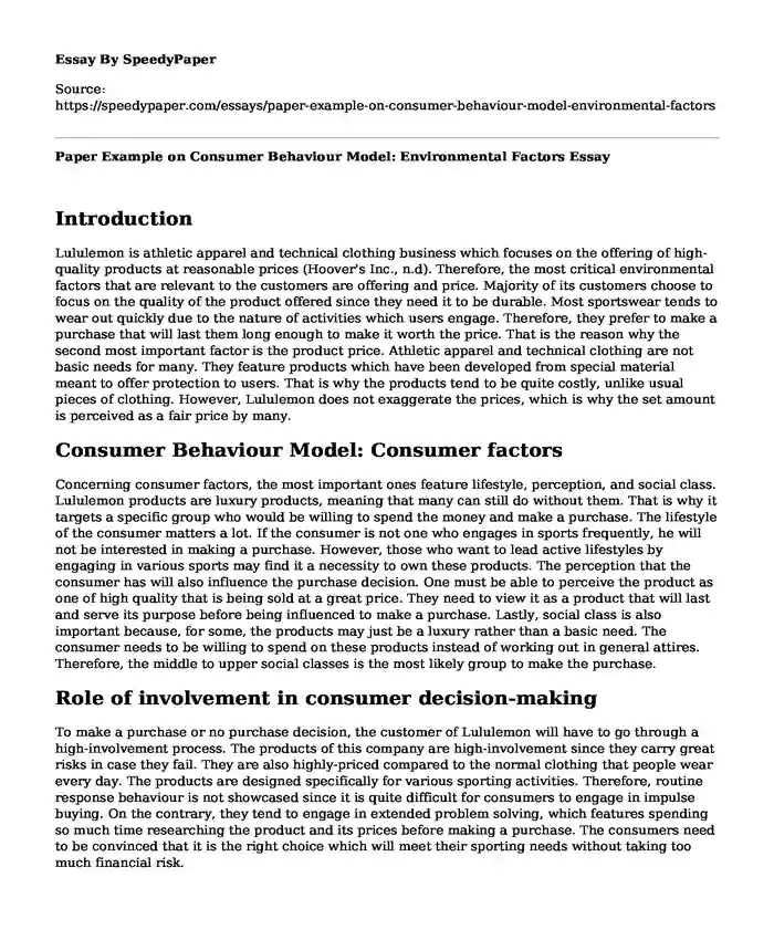 Paper Example on Consumer Behaviour Model: Environmental Factors