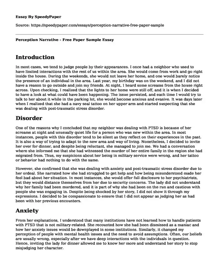 Perception Narrative - Free Paper Sample