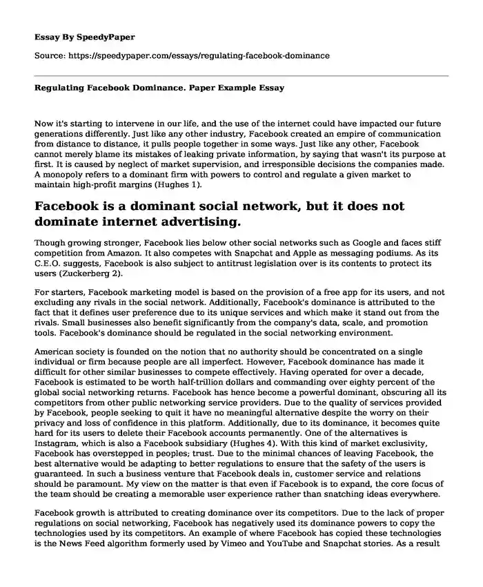 Regulating Facebook Dominance. Paper Example