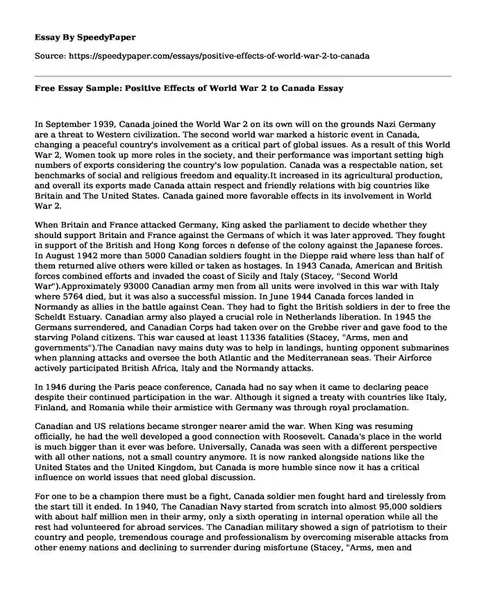 Free Essay Sample: Positive Effects of World War 2 to Canada