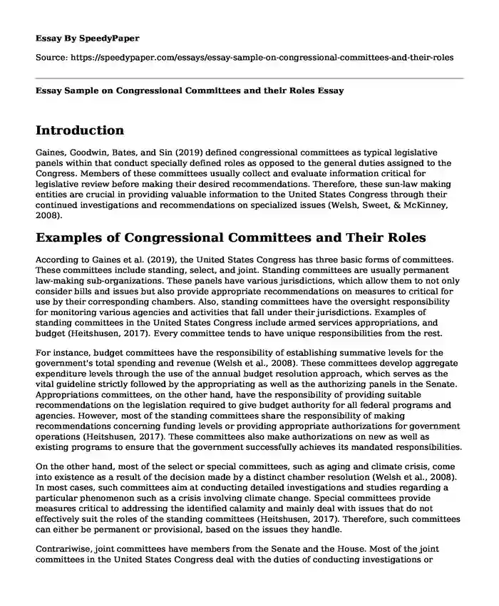 Essay Sample on Congressional Committees and their Roles
