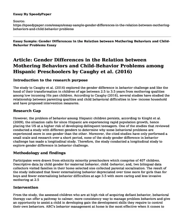 Essay Sample: Gender Differences in the Relation between Mothering Behaviors and Child-Behavior Problems